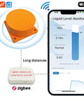 Smart WiFi Water Level Sensor For Tanks With Remote Tuya Smart Life App Alerts shown next to a smartphone interface