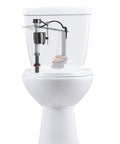 Universal Toilet Fill Valve And 2 Inch Flapper Repair Kit installed inside white toilet, showing adjustable 9 to 14 inch height.