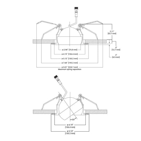 Technical drawing of 4 Inch Recessed Adjustable Gimbal LED Light Kit Canless with 360 Degree Rotation and 35 Degree Tilt.