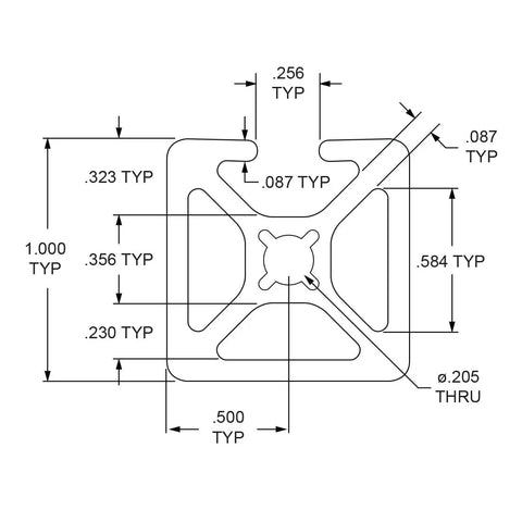 10 Series 1x1 Inch T Slotted Aluminum Extrusion Rail For Linear Guides And CNC Projects, 6063-T6 Aluminum, Clear Anodized Finish, 18 Inch Length, Smooth Profile, Built Tough For DIY Makers. dimensioned cross-section diagram