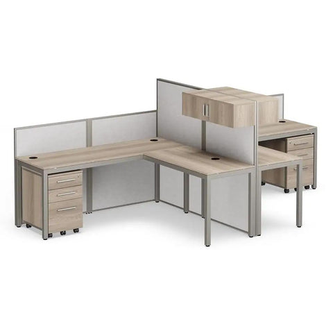 Dual L Shaped Office Cubicle Workstation With Roll Along File Cabinet And Chill Gray Desktop Layout For Squad Collaboration and Hassle Free Daily Workflow Management, featuring light wood surfaces and dividers.