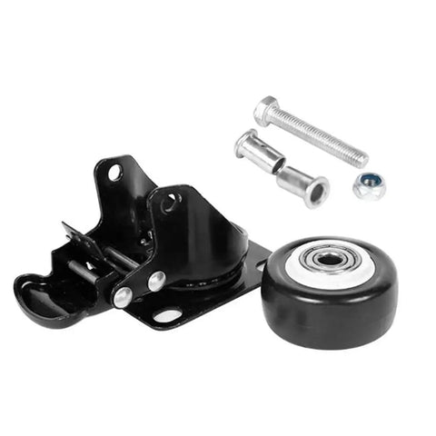 Top Shelf Universal Replacement Caster Wheels Featuring Snappy 360 Degree Swivel Capability And Solid Locking Brake Sweet Non Marking Rollers For Heavy Duty Tool Cart Rigs, close-up of a heavy-duty black caster with brake.