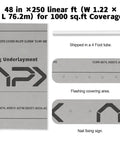 Top Shelf Synthetic Roof Underlayment Roll Measures 48 By 250 Feet Covering Exactly One Thousand Square Feet, gray underlayment details.