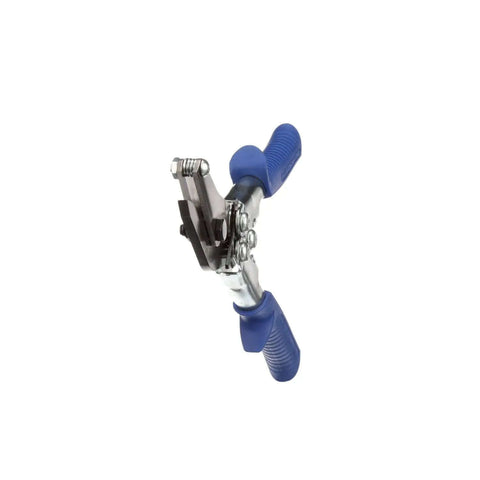 Pipe And Duct Cutter For One And A Quarter Inch Cuts With Cold Rolled Steel Construction Made In The USA, blue grips, shown angled