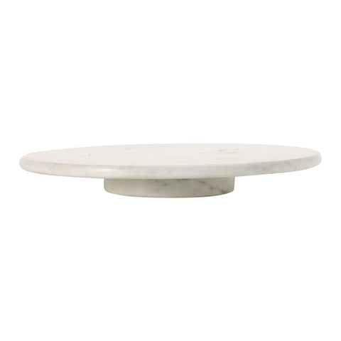 Top Shelf Smooth Spin White Marble Lazy Susan 14 Inch Rolling Turntable for Kitchen Counters side view on white background.