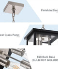 Close-up of 3 light outdoor pendant light fixture in black and brushed nickel finish with clear glass for patio porch entryway.