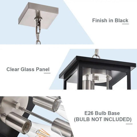 Close-up of 3 light outdoor pendant light fixture in black and brushed nickel finish with clear glass for patio porch entryway.
