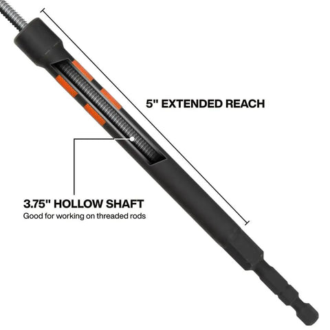 Six Hex Size Hollow Magnetic Nut Driver Set With Extended Reach, 5 Inch Shafts, black handle and hollow shaft detail