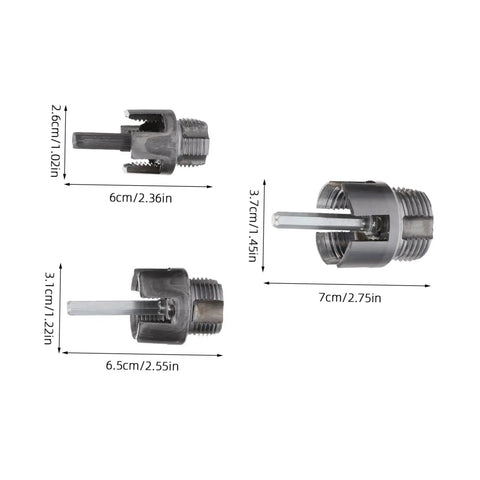 Heavy Duty 3 Piece Pvc Pipe Thread Cutting Set For Electric Drill Internal And External Threader Kit Fits 1/2 3/4 And 1 Inch Pipes showing three pipe thread cutting tools with dimensions.