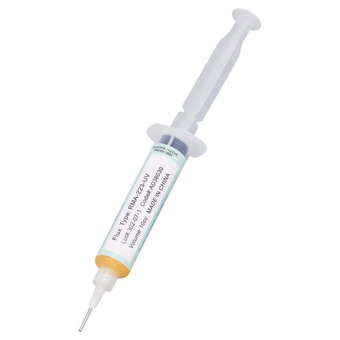 Syringe of Precise Syringe Type Flux for PCB Soldering RMA 223 Easy Tinning Paste, shown with label and nozzle detail