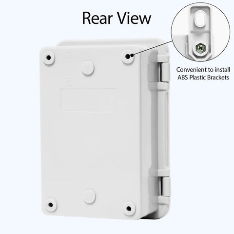 Rear view of Weatherproof Junction Box All Weather Ready Outdoor Indoor ABS Plastic IP65 Enclosure With Hinged Lid 5.9x3.9x2.8 Inches Grey Rubber Gasket And Two Plastic Latches For Superior Seal showing plastic bracket installation.
