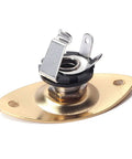 Top Notch Metal Oval Electric Guitar Jack Plate With Included Screws Fits Fender Strat And Tele Models For Super Crisp Tone And Hella Reliable Signal Transfer In Classic Gold, close-up view with input hole.