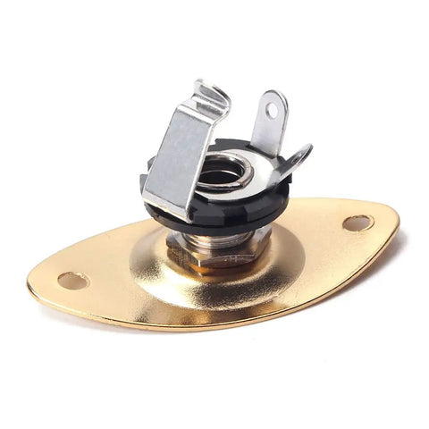 Top Notch Metal Oval Electric Guitar Jack Plate With Included Screws Fits Fender Strat And Tele Models For Super Crisp Tone And Hella Reliable Signal Transfer In Classic Gold, close-up view with input hole.