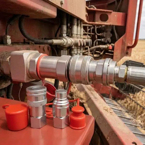 Flat Face 1/2 Inch NPT Hydraulic Quick Connect Couplers Set With Dust Caps ISO 16028 High Flow installed on machinery