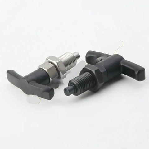 Heavy Duty Stainless Steel T Handle Indexing Plunger Precision Self Locking Locating Pin With Return Spring Rock Solid Grip For Woodworking Jigs And Fixtures M20, showing black and silver models.