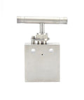 High-pressure stainless steel needle valve, front view, 1/4 in hydraulic fitting