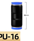 Push In Pneumatic Fittings Plastic Connectors For Air And Water Hose Tubes 4mm 6mm 8mm 10mm 12mm 14mm 16mm Straight Quick Connectors 100 Pieces PU 16 Easy Install No Fuss Durable Leak Free, black plastic connector with blue ends and 55mm length.