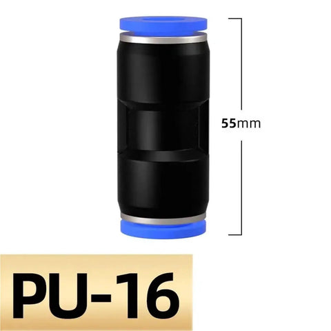 Push In Pneumatic Fittings Plastic Connectors For Air And Water Hose Tubes 4mm 6mm 8mm 10mm 12mm 14mm 16mm Straight Quick Connectors 100 Pieces PU 16 Easy Install No Fuss Durable Leak Free, black plastic connector with blue ends and 55mm length.