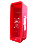 6 Pack Heavy Duty Red Plastic Fire Extinguisher Cabinets Outdoor Indoor Security Enclosure Weatherproof Housing Keeps 5LB Units Locked Down Built Tough To Handle The Grind Without A Hassle, side view showing break panel.