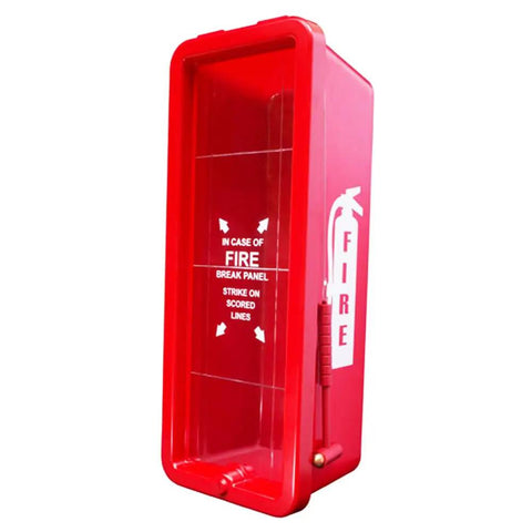 6 Pack Heavy Duty Red Plastic Fire Extinguisher Cabinets Outdoor Indoor Security Enclosure Weatherproof Housing Keeps 5LB Units Locked Down Built Tough To Handle The Grind Without A Hassle, side view showing break panel.