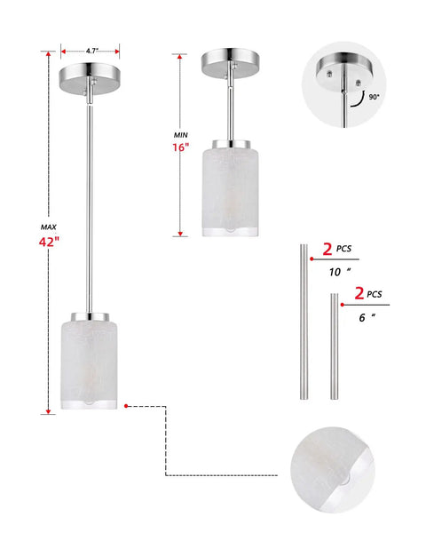 Two Pack Brushed Nickel Mini Pendant Lights With Linen Glass Shade For Kitchen Island, adjustable rods overview