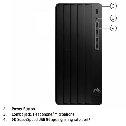 Front view of Fast Home Office Desktop Tower With Intel i5-12500 6-Core, showing ports and power button on black casing.