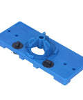 Premium 35mm Hinge Hole Saw Jig Kit For Woodworking Pros That Sets Cup And Screw Holes In One Go With Adjustable Depth and Multiple Spacing Options For Door Cabinet Install Jobs, blue plastic jig.