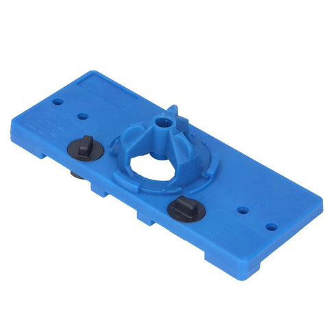 Premium 35mm Hinge Hole Saw Jig Kit For Woodworking Pros That Sets Cup And Screw Holes In One Go With Adjustable Depth and Multiple Spacing Options For Door Cabinet Install Jobs, blue plastic jig.