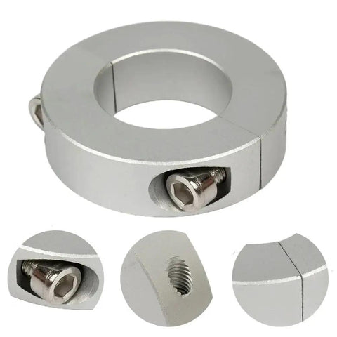 Heavy Duty Split Clamp Collar 25MM Aluminum Alloy Drill Depth Stop Ring With Bearing Backstop shown from various angles, detail of bolt.