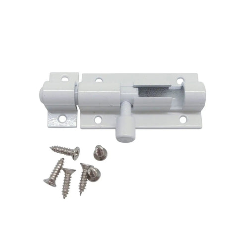 Barrel Bolt Door Latch Security Lock Hardware for Aluminum Alloy Gate in white with screws for easy installation.