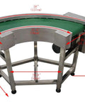 Curved Conveyor Belt With 90 Degree Turn Flexible Direction Change Stainless Steel PVC Belt 11.8 Inch Wide 20 Meters Per Minute Speed 400W Power Adjustable Foot Leveling For Uneven Floors Heavy Duty Workhorse Conveyor, dimensions labeled