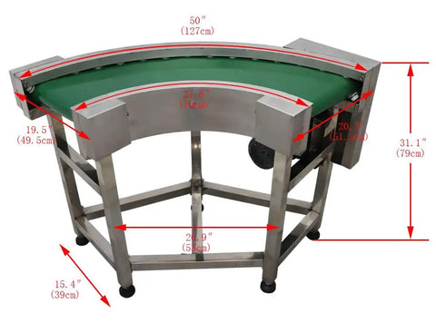 Curved Conveyor Belt With 90 Degree Turn Flexible Direction Change Stainless Steel PVC Belt 11.8 Inch Wide 20 Meters Per Minute Speed 400W Power Adjustable Foot Leveling For Uneven Floors Heavy Duty Workhorse Conveyor, dimensions labeled