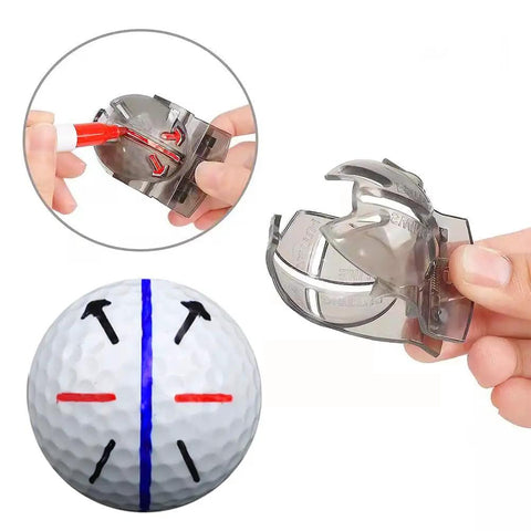 Eight Pack Golf Ball Marker Kit With Line Stencils And Color Markers showing semi-sphere stencil and marked golf ball.