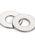Two stainless steel flat washers with 1/4 inch inner hole and 3/4 inch outer diameter.
