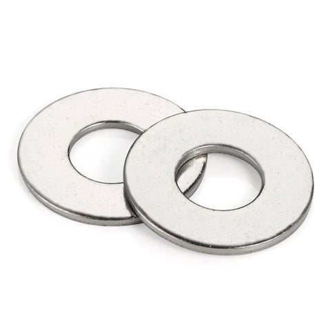 Two stainless steel flat washers with 1/4 inch inner hole and 3/4 inch outer diameter.