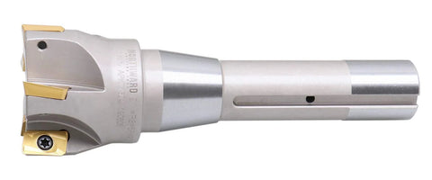 Accusize 2-inch diameter end mill with 6-1/8-inch OAL, R8 shank, and five APKT1604 carbide inserts (90-degree).
