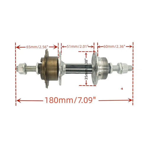 Rear Disc Brake Compatible 36 Hole Bicycle Hub, 180mm axle shown with measurements, for disc wheel sets, 14T flywheel, nutted axle.