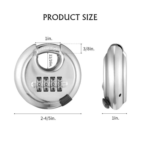 Product size of 4 Pack 4 Digit Disc Padlocks With Hardened Steel Shackle For Sheds Lockers Storage Units Gym And Fences Shielded Circular Design That Deters Cutters And Keeps Your Gear Safe With Heavy Duty Combo Access