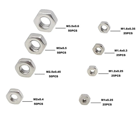 Go-To 304 Stainless Steel Hex Nuts Set Metric M1 To M3.5 Coarse Thread Assortment visible with size labels