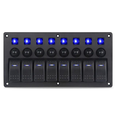 Front view of Universal 8 Gang LED Rocker Switch Panel For Boats And Trailers 12V/24V Waterproof On Off With Breakers, 8 switches lit.