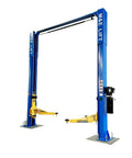 Front view of ME-LM110S two-post car lift, blue steel frame with yellow lifting arms, 11000 lb capacity