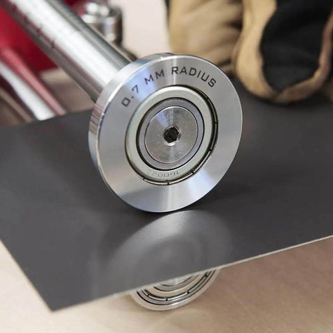 Close-up of Pro Grade 2 Station Metal Bender roller with 0.7mm radius for bends up to 150mm on sheet metal, panel profiling.
