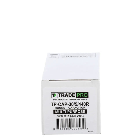 Box of Beefy Dual Run Capacitor 30/5 MFD 440V Aluminum Round, 60,000 Hour Life, Heavy Duty HVAC part label visible