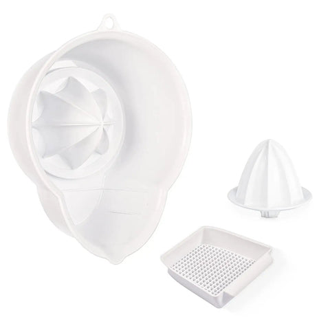 Stand Mixer Juicer Attachment With Two Size Reamers For Fresh Citrus Juice components including white reamers and strainer.