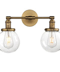 Industrial Style Double Wall Sconce Light, Hardwired, 5.9 Inch Round Clear Glass Shade, On Off Switch, Brass Finish