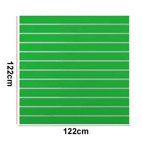 Green slat wall panel measuring 122x122 cm, example of product size for Beige Wood Wall Veneer Slat Panels For Easy Display And Storage Pegboard Style Slatwall Garage Organizer And Grab And Go Multifunctional Hook Rack Slat Wall Panel For Craft Shows And Home Use 122x122 Cm 1.5 Cm Thick.