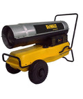 Built Different 185000 Btu Forced Air Diesel Heater with yellow base and black frame, designed for large spaces, CSA certified.