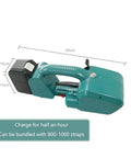 Rechargeable Electric Strapping Machine Portable Packing Sealer For PP PET Bands shown from the side with dimensions and charging details.