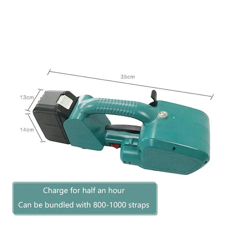 Rechargeable Electric Strapping Machine Portable Packing Sealer For PP PET Bands shown from the side with dimensions and charging details.