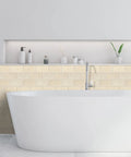 Bathroom view with thick peel and stick backsplash tiles in beige marble look for kitchen and bath self adhesive vinyl wall tiles.